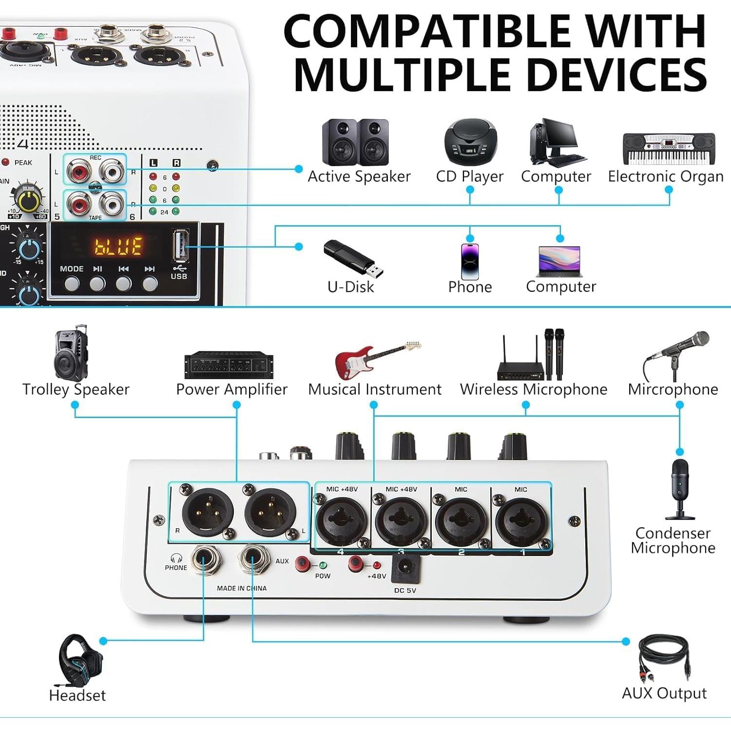 Mezclador de Audio 6 Canales Bluetooth USB 48V para DJ