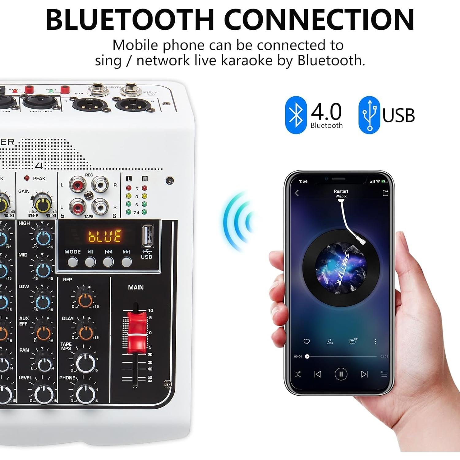 Mezclador de Audio 6 Canales Bluetooth USB 48V para DJ