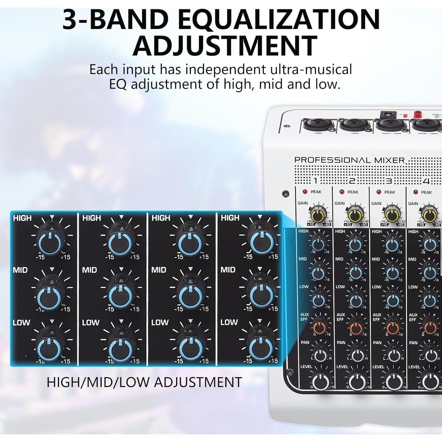 Mezclador de Audio 6 Canales Bluetooth USB 48V para DJ