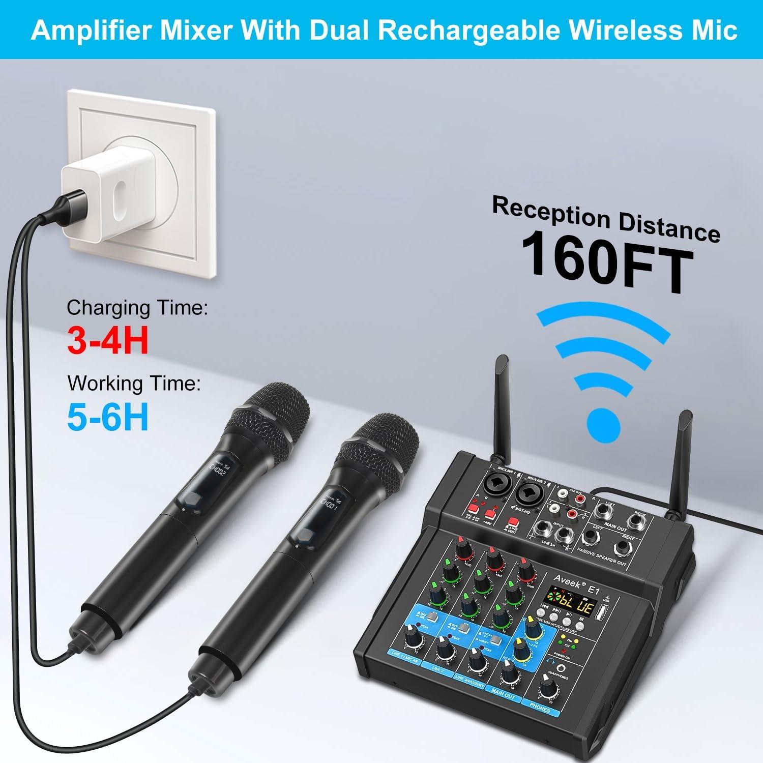 Mezclador de Sonido 4 Canales con Bluetooth y Micrófonos