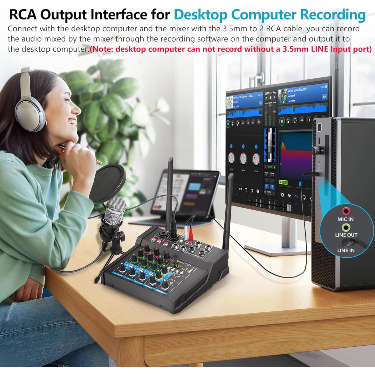 Mezclador de Sonido 4 Canales con Bluetooth y Micrófonos