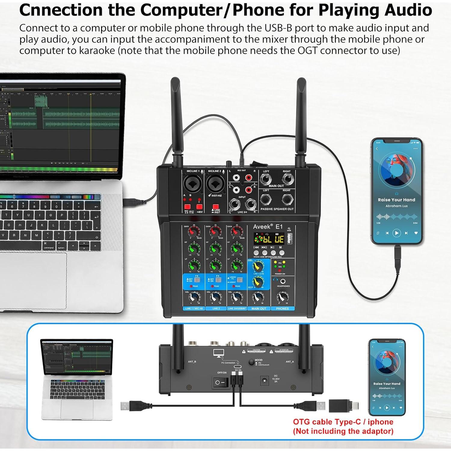 Mezclador de Sonido 4 Canales con Bluetooth y Micrófonos