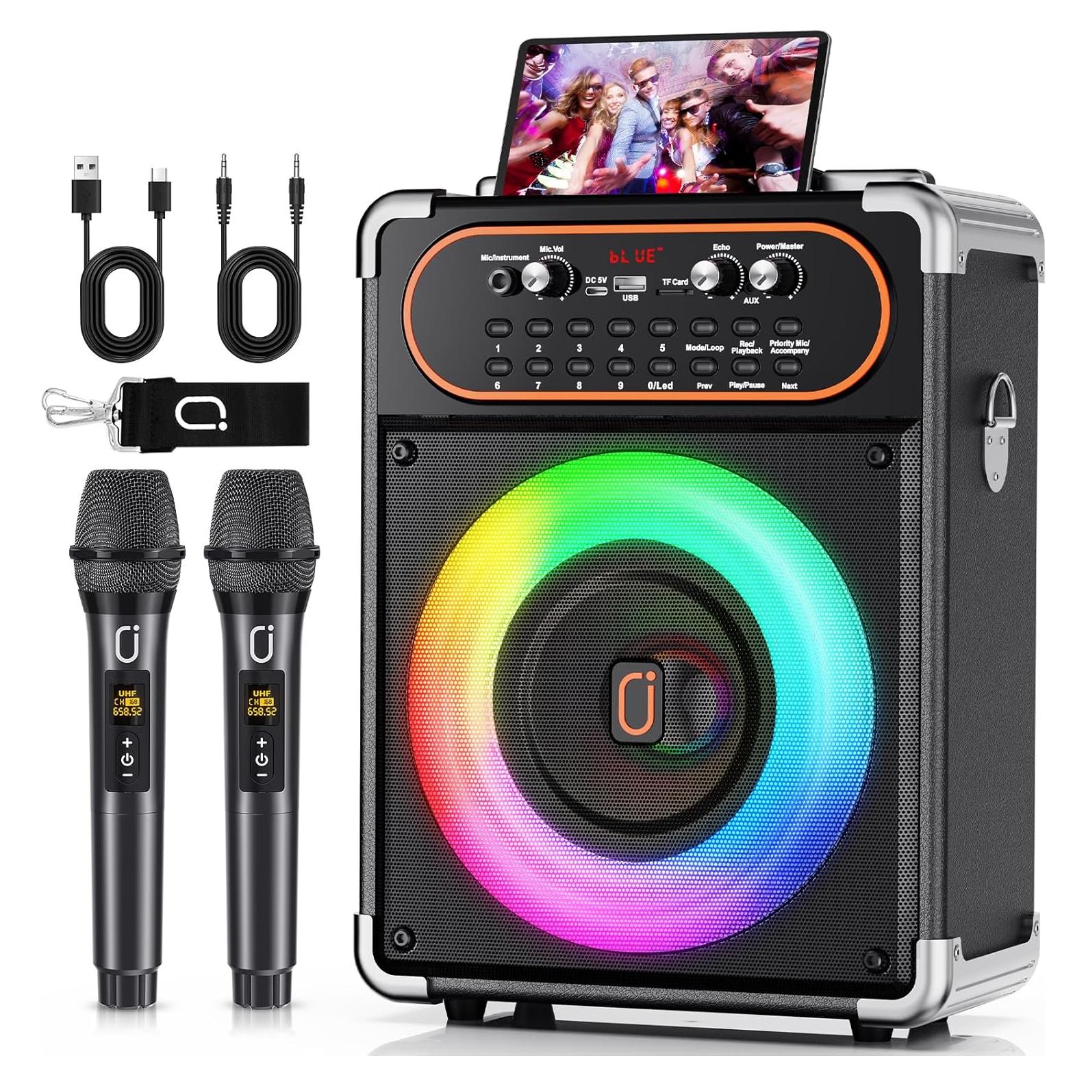 Máquina de Karaoke Bluetooth 5.3 con 2 Micrófonos y Luces