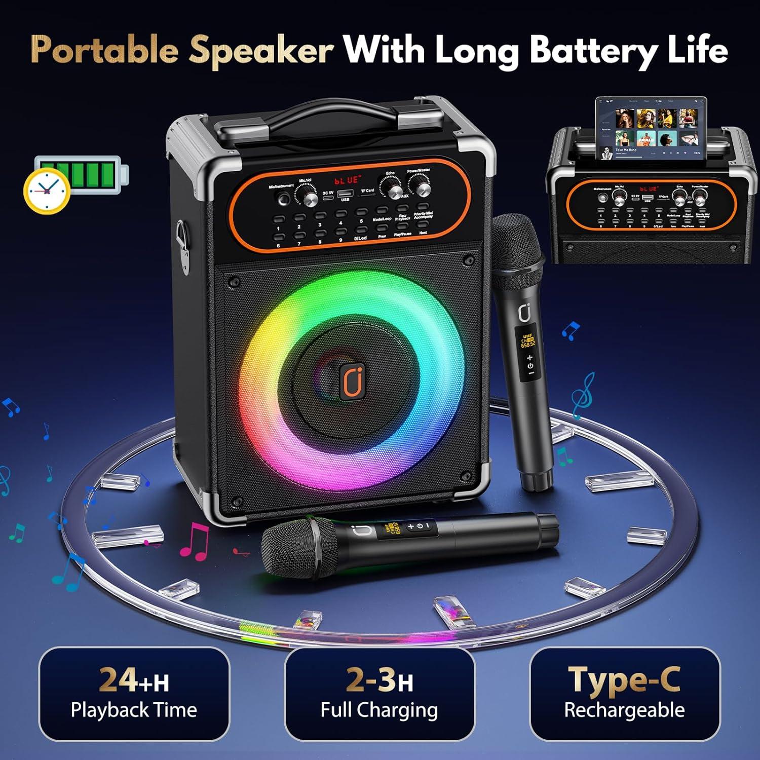 Máquina de Karaoke Bluetooth 5.3 con 2 Micrófonos y Luces