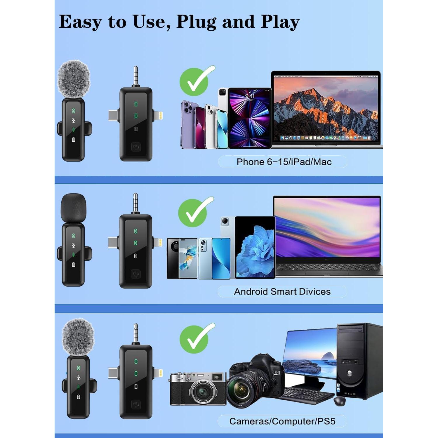 Micrófono Lavalier Inalámbrico JICIFU 3 en 1 para iPhone/Android