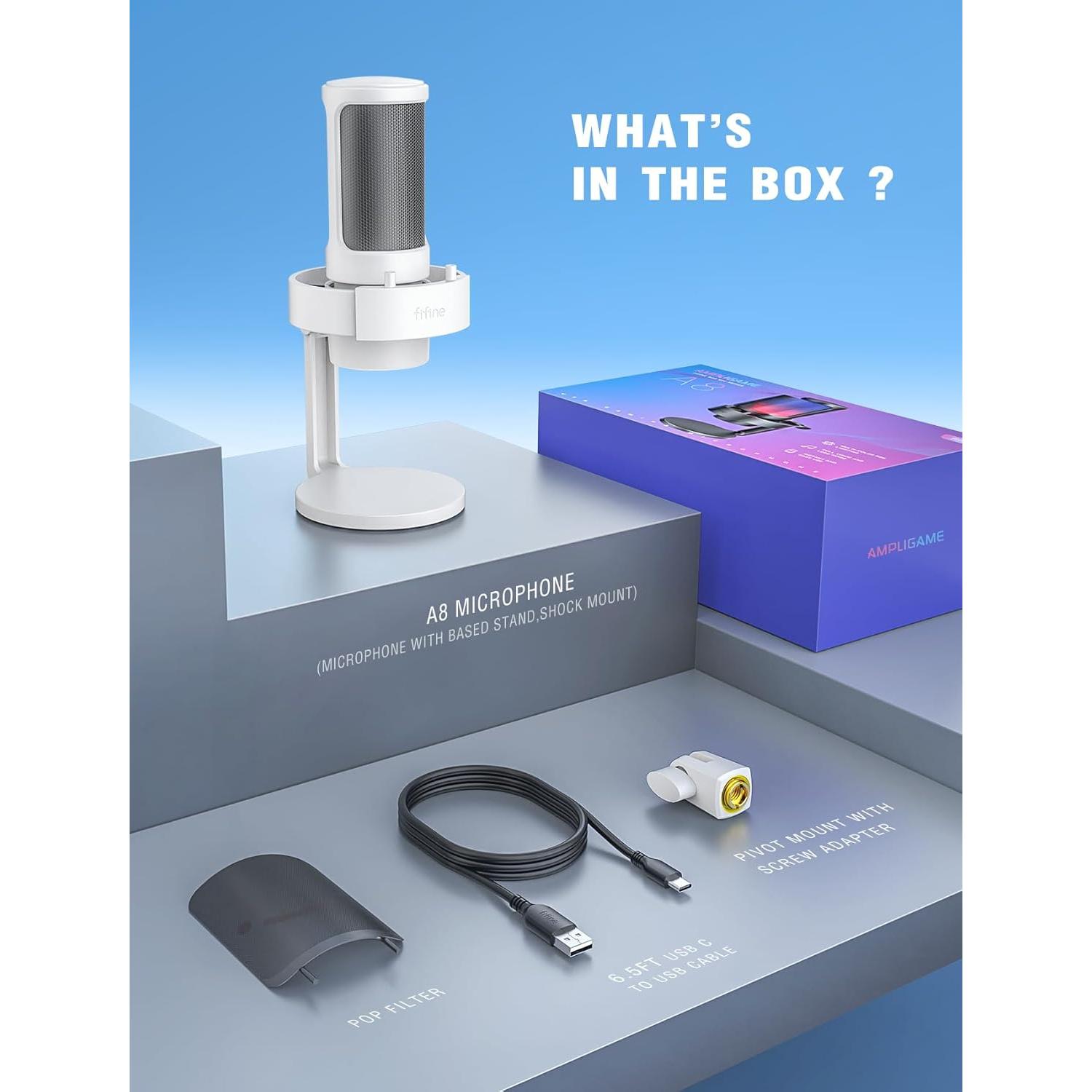 Micrófono USB FIFINE A8 Blanco para Gaming y Streaming