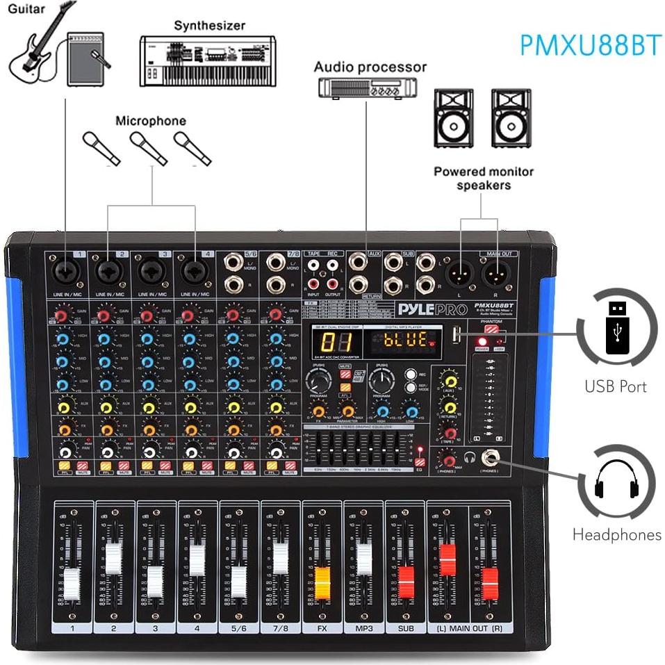Mezclador de Audio Pyle PMXU88BT 8 Canales Bluetooth