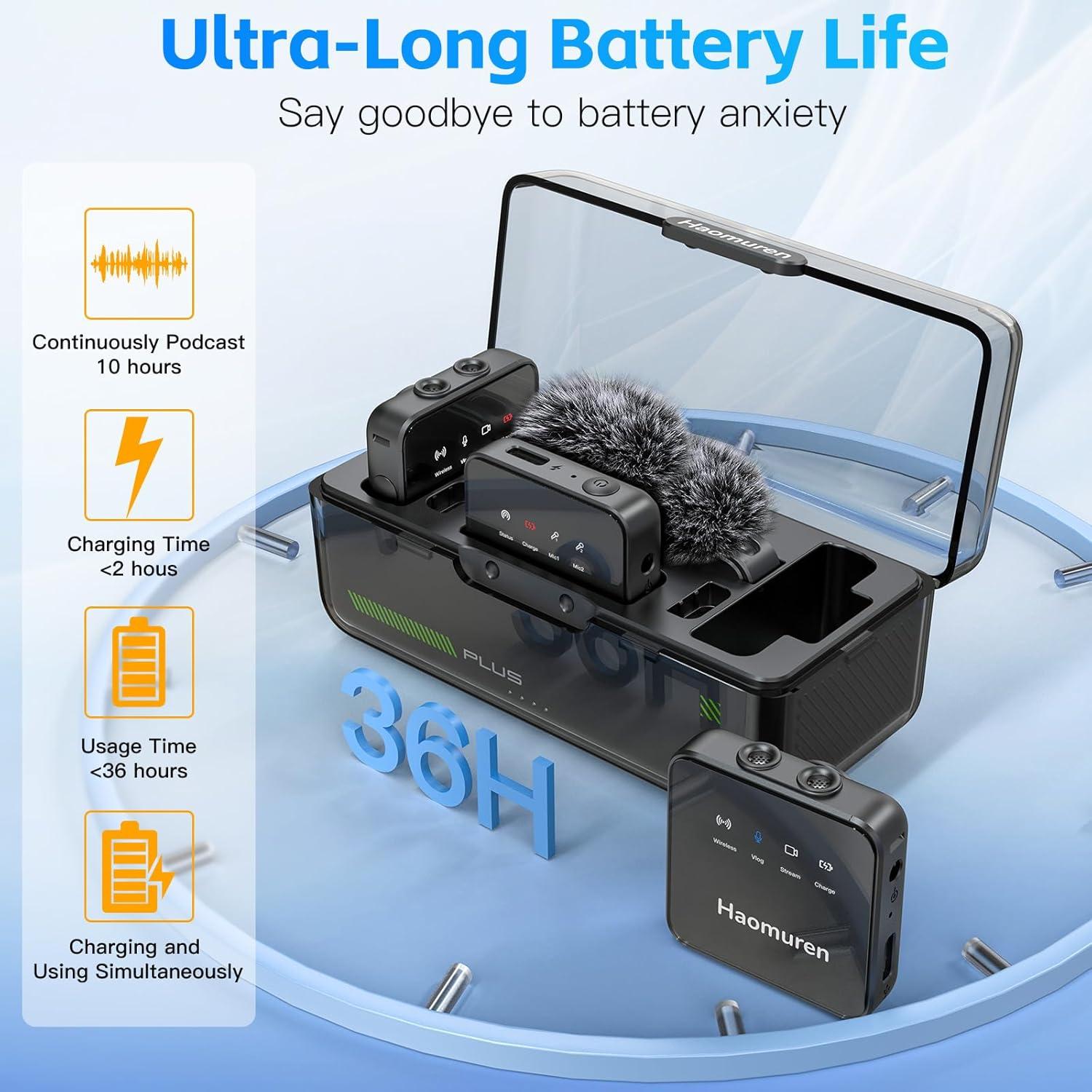 Micrófono Lavalier Inalámbrico Haomuren V3, 36h Batería
