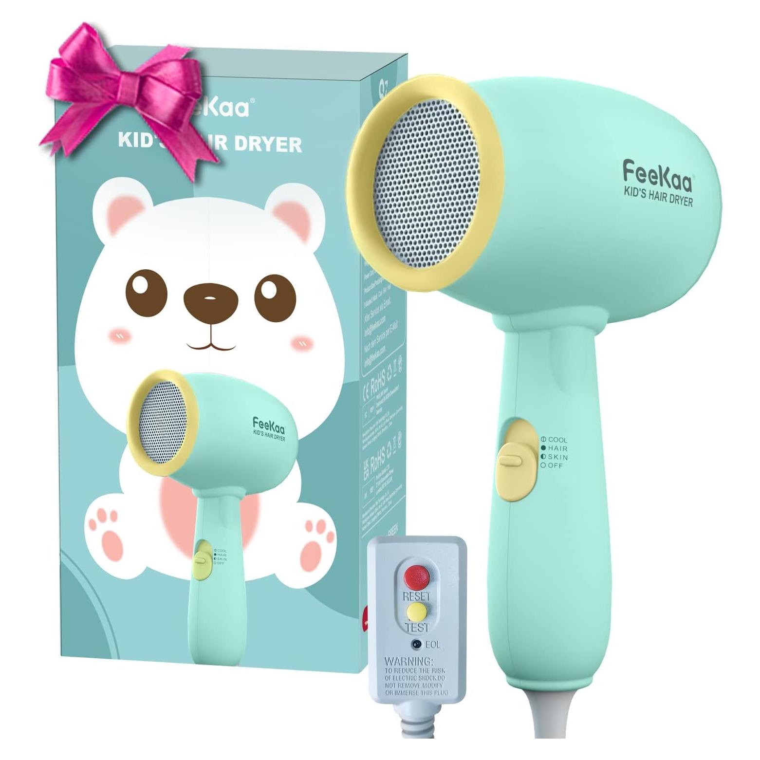 Secador de Pelo para Niños Feekaa 500W, Calor Suave y Bajo Ruido