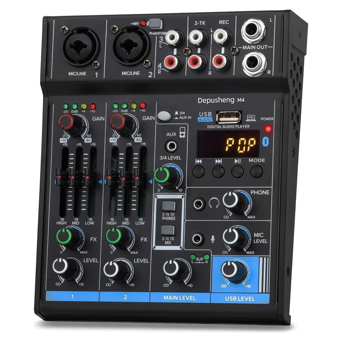 Mezclador USB 4 Canales Depusheng M4 con Bluetooth y Tarjeta de Sonido