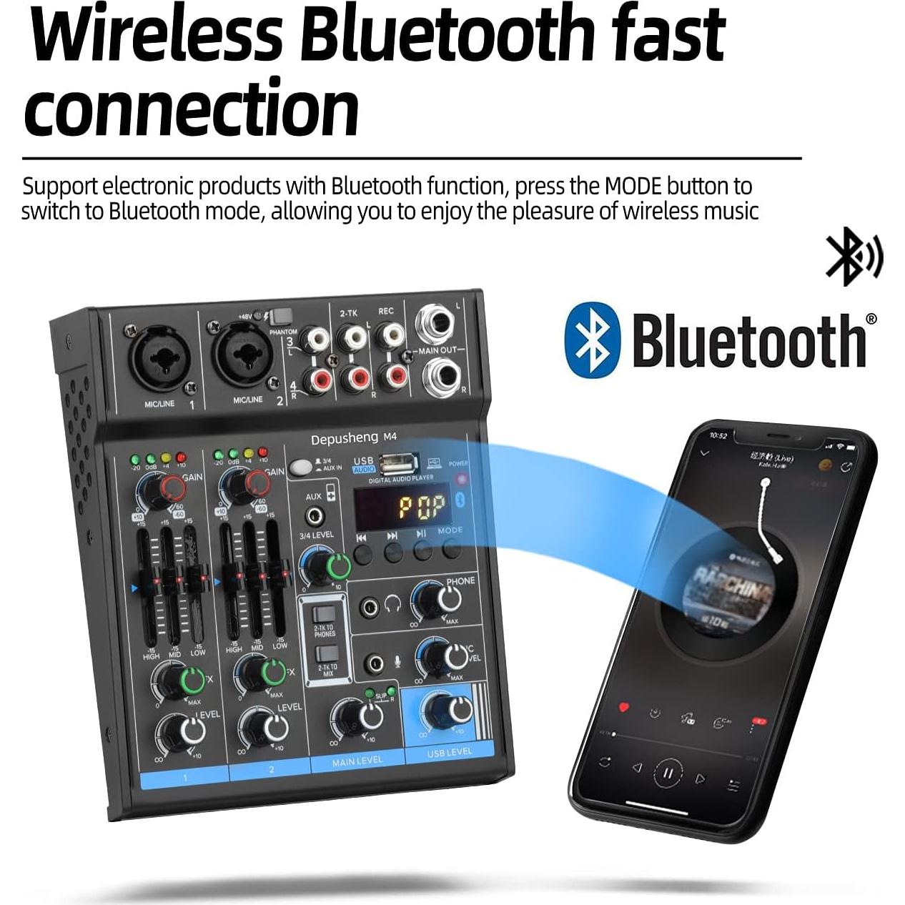 Mezclador USB 4 Canales Depusheng M4 con Bluetooth y Tarjeta de Sonido