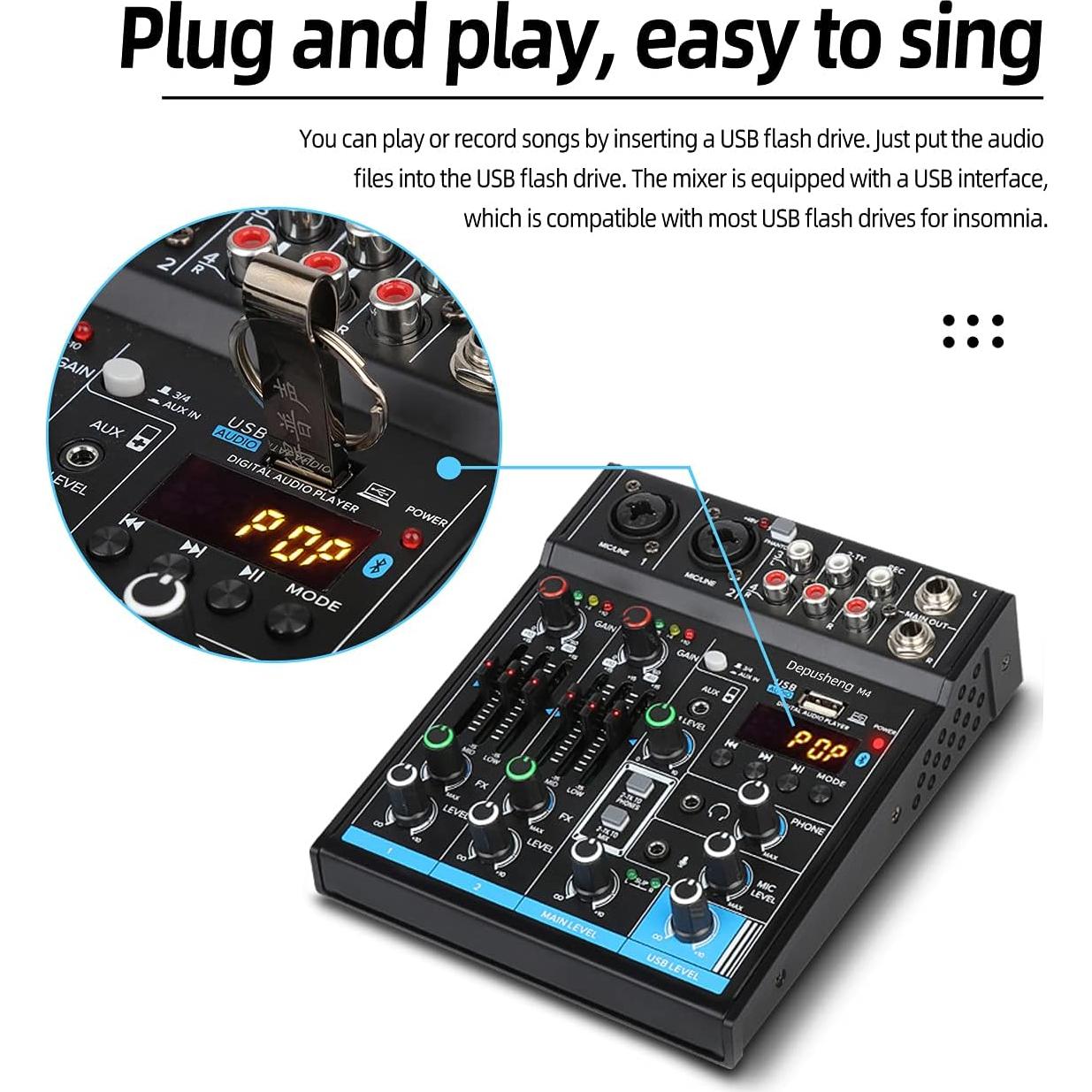 Mezclador USB 4 Canales Depusheng M4 con Bluetooth y Tarjeta de Sonido