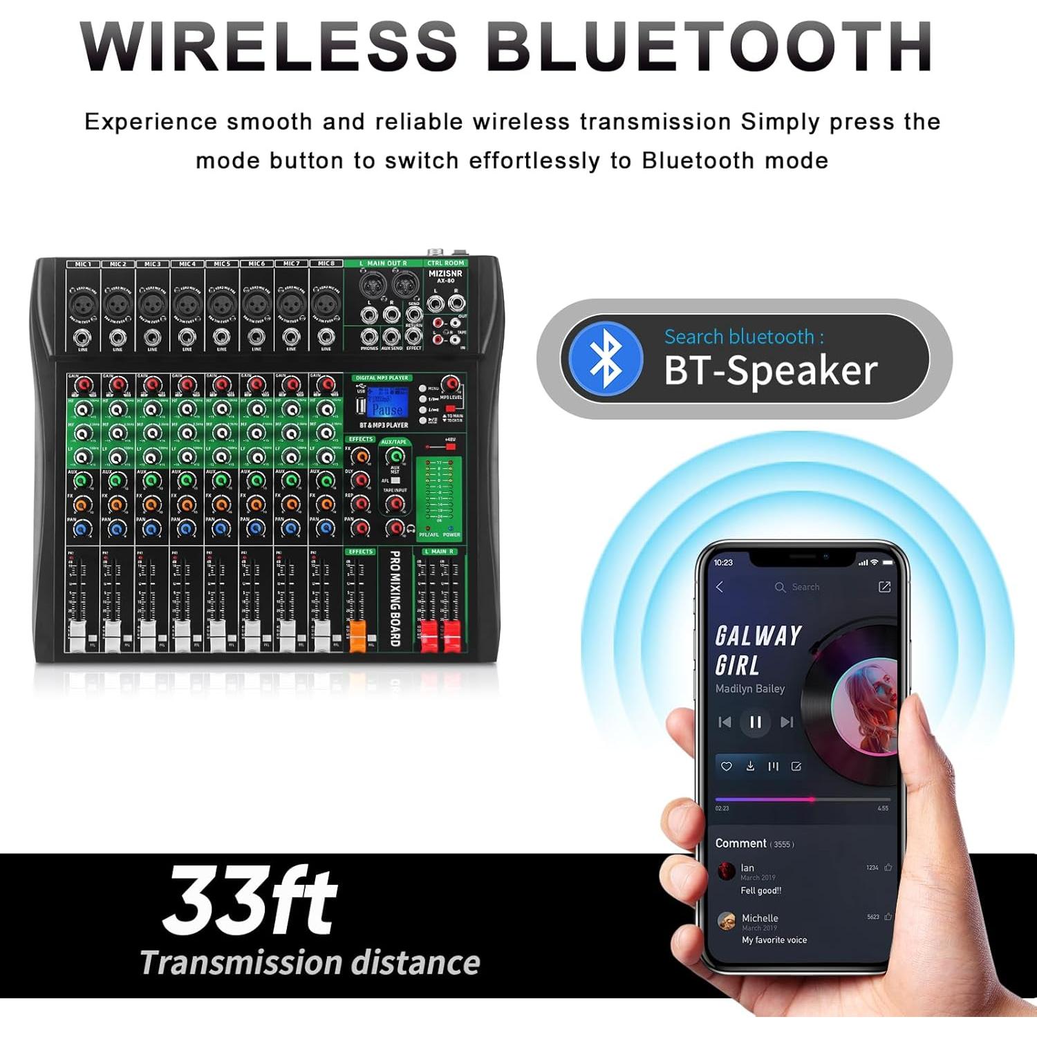 Mezclador de Audio 8 Canales AX-80 con Bluetooth y USB