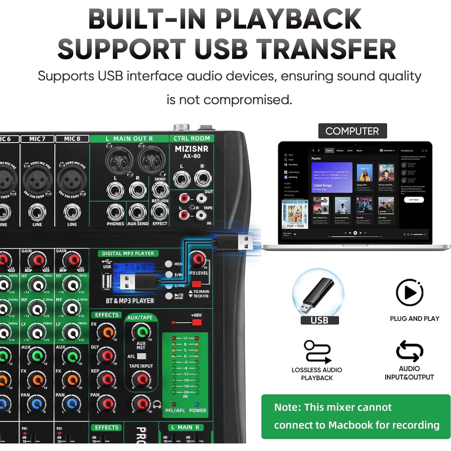 Mezclador de Audio 8 Canales AX-80 con Bluetooth y USB