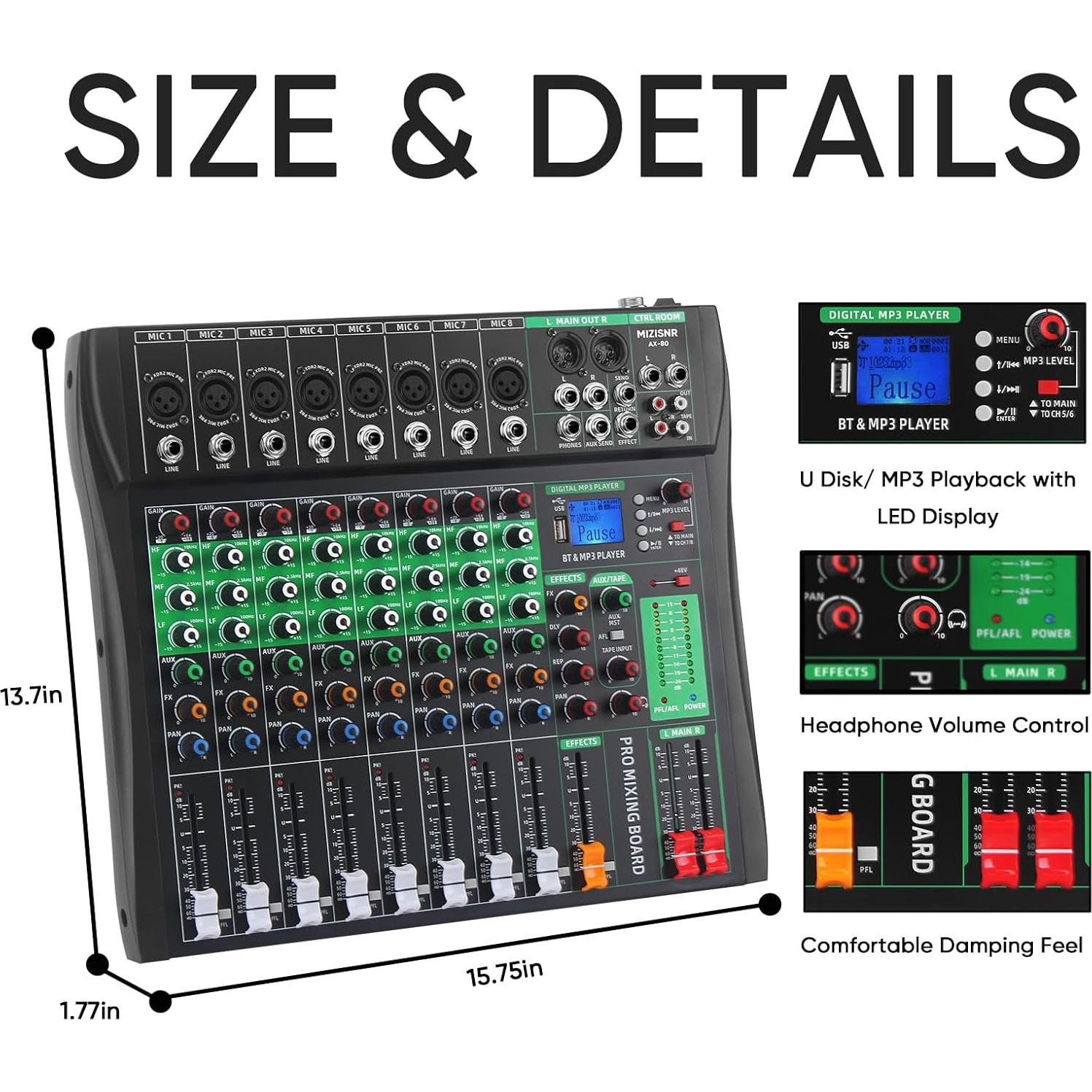 Mezclador de Audio 8 Canales AX-80 con Bluetooth y USB