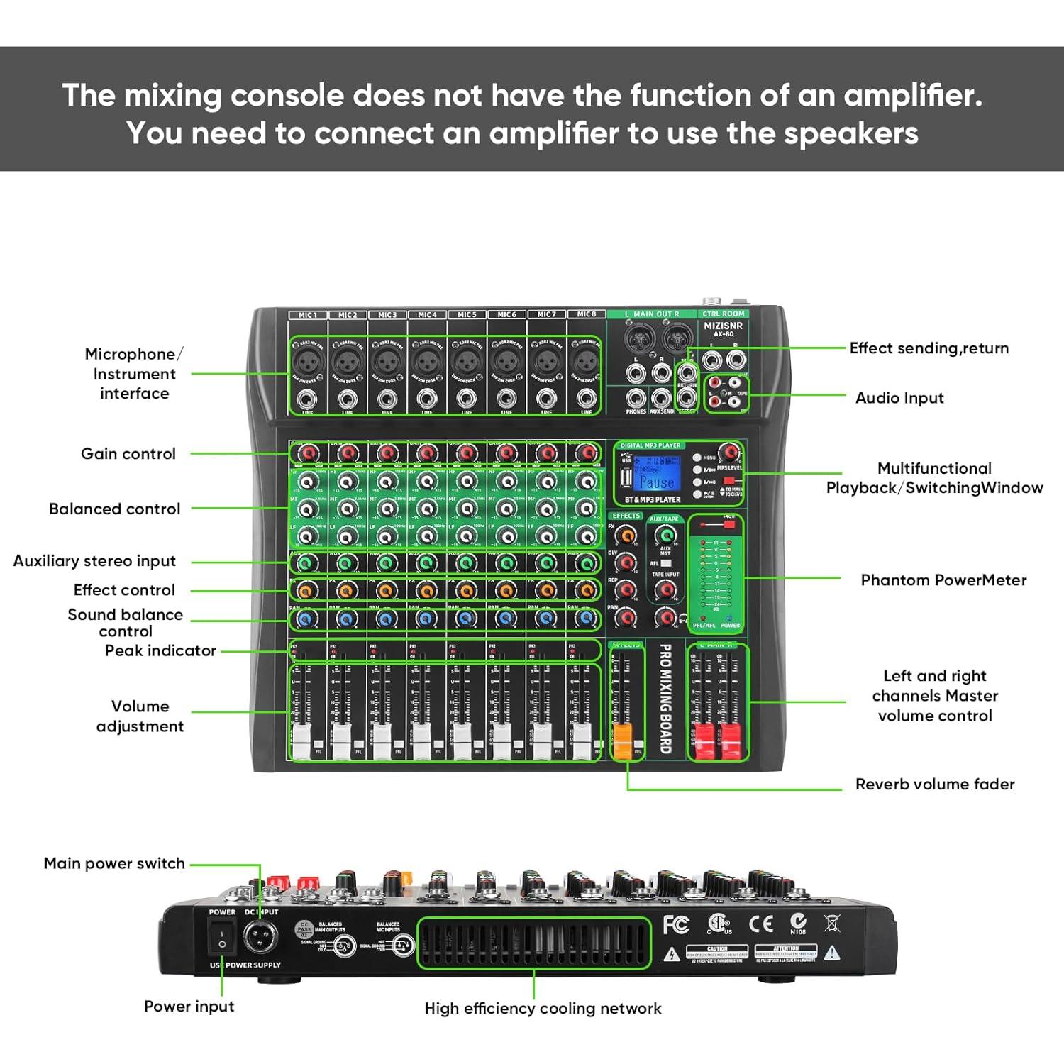 Mezclador de Audio 8 Canales AX-80 con Bluetooth y USB