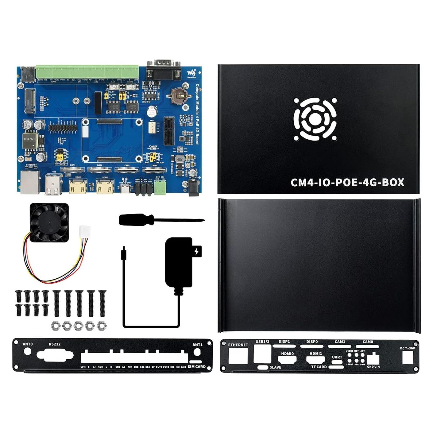 Waveshare Industrial IoT Mini-Computer Based On Raspberry Pi Compute Module 4 (NOT Included) Waveshare CM4 Industrial IoT Board Inside PoE 5G/4G Metal Case with Cooling Fan