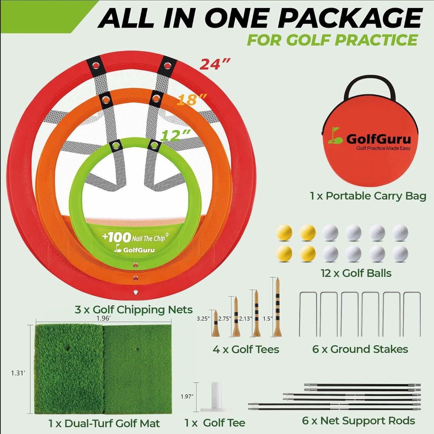 Conjunto Golfguru 3 Redes Chipping y Alfombrilla 12 Pelotas