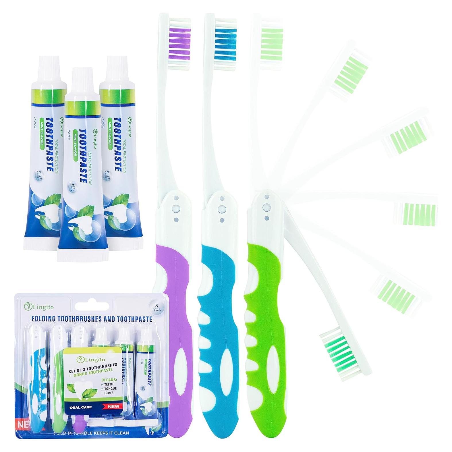 Kit de Cepillos de Dientes Plegables Lingito - 3 Paquetes con Pasta