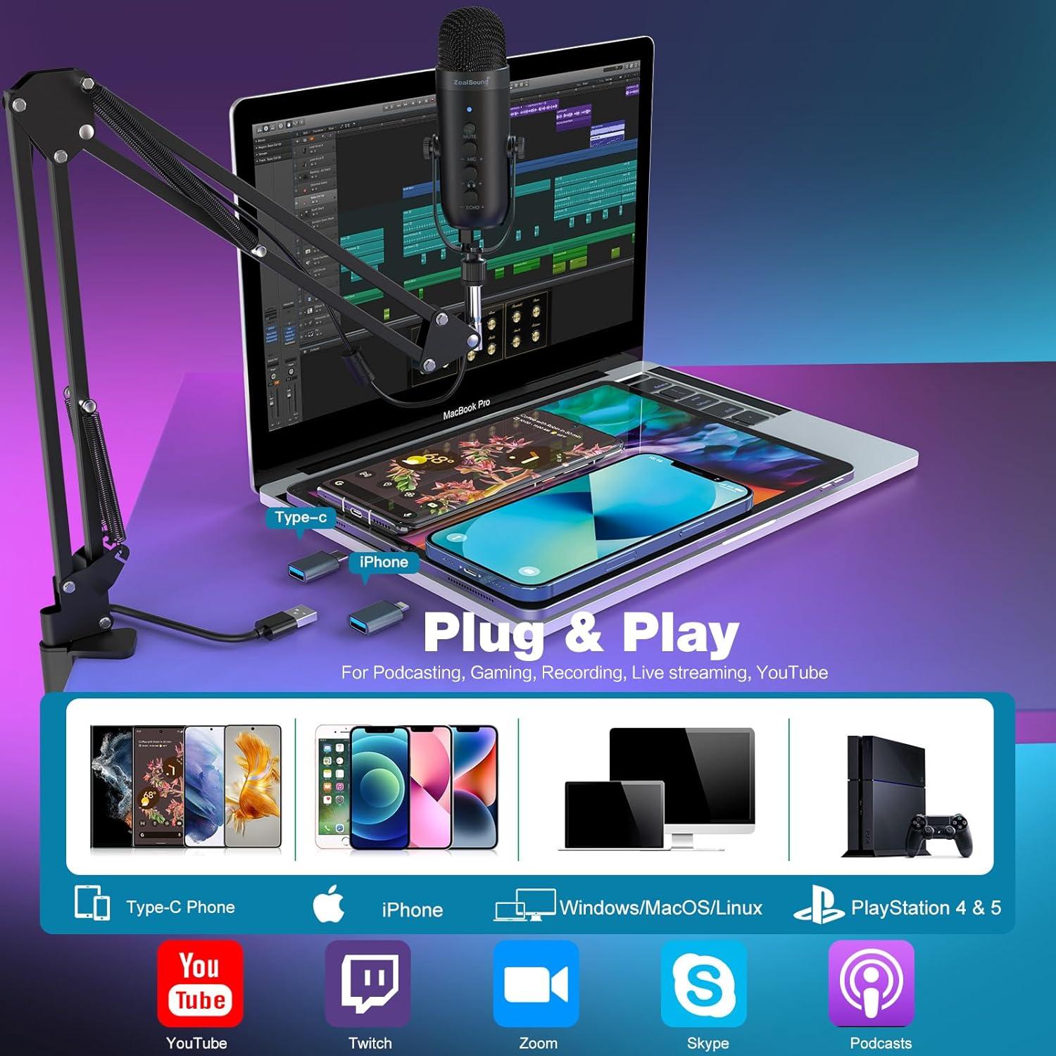 Micrófono Gaming USB ZealSound K66 con Brazo Soporte Negro