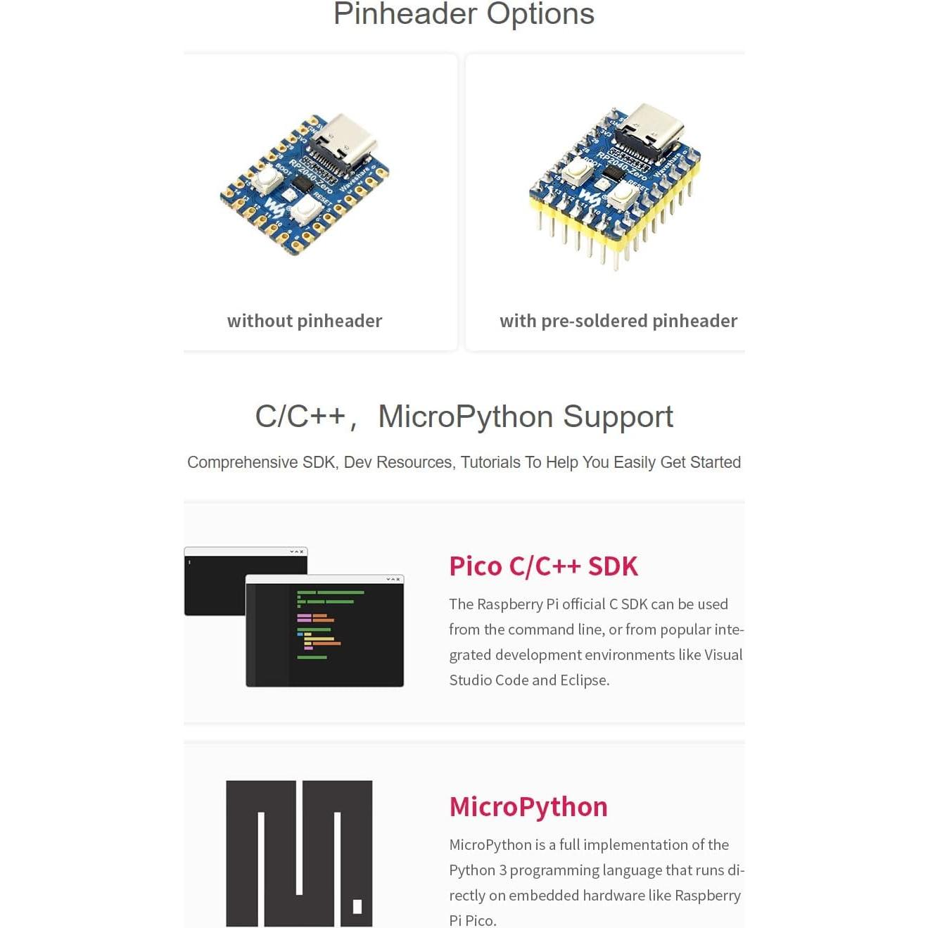 Waveshare RP2040-Zero A Low-Cost High-Performance Pico-Like MCU Board Based On Raspberry Pi Microcontroller RP2040 Castellated Module Suitable for SMD Applications