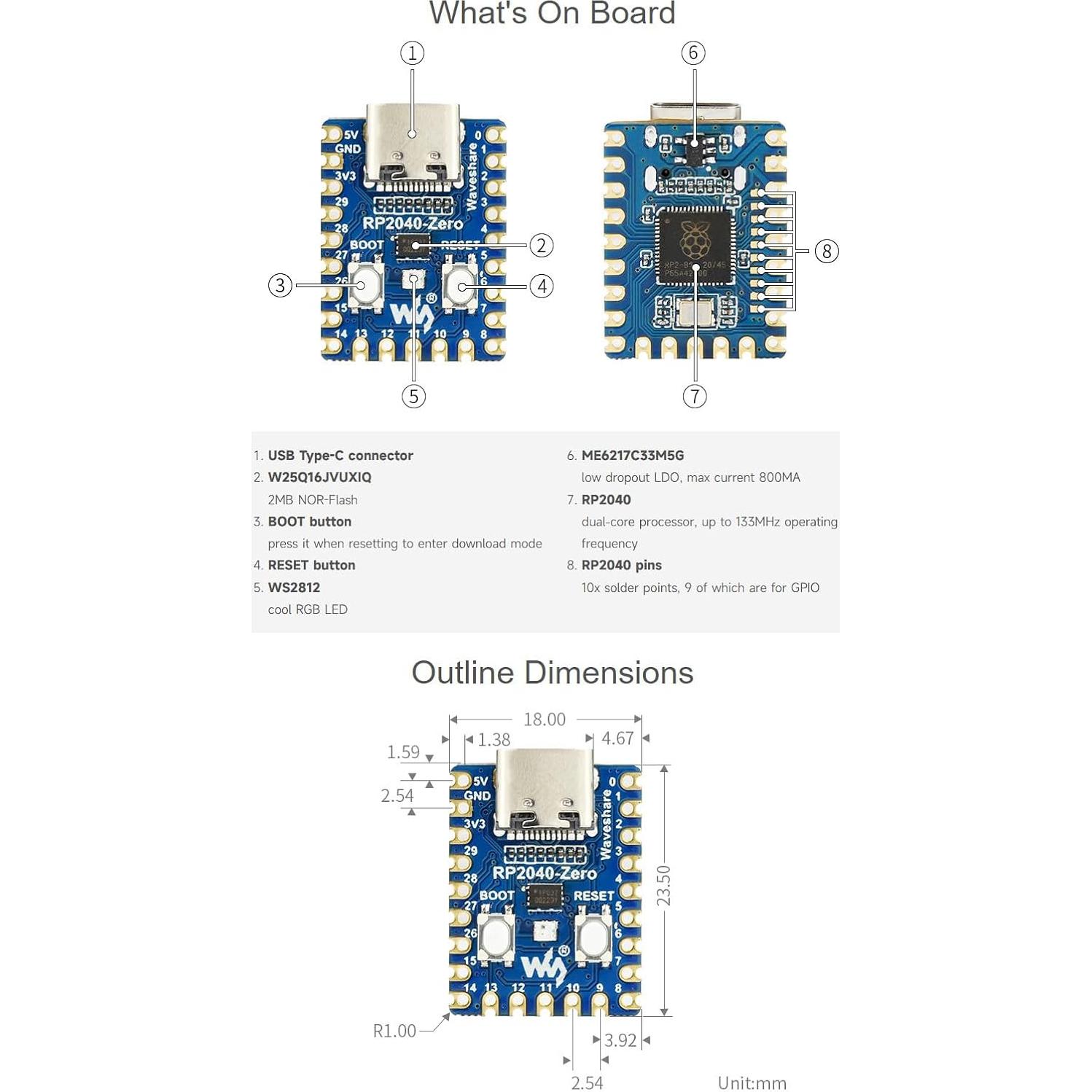Waveshare RP2040-Zero A Low-Cost High-Performance Pico-Like MCU Board Based On Raspberry Pi Microcontroller RP2040 Castellated Module Suitable for SMD Applications