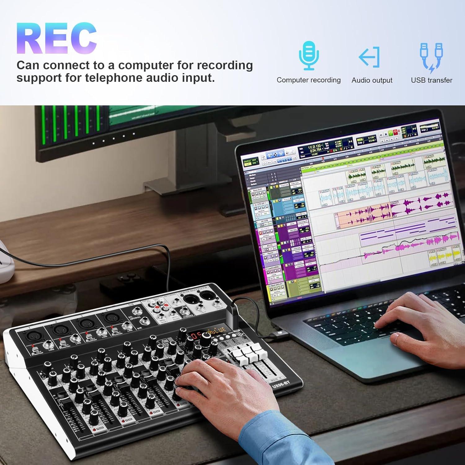 Consola de Mezcla de Audio 6 Canales Bluetooth +48V Phantom