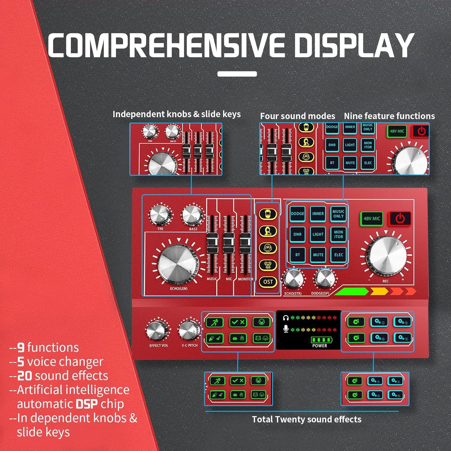 Mezclador de Audio HS-AP901 Rojo para Podcast y Streaming