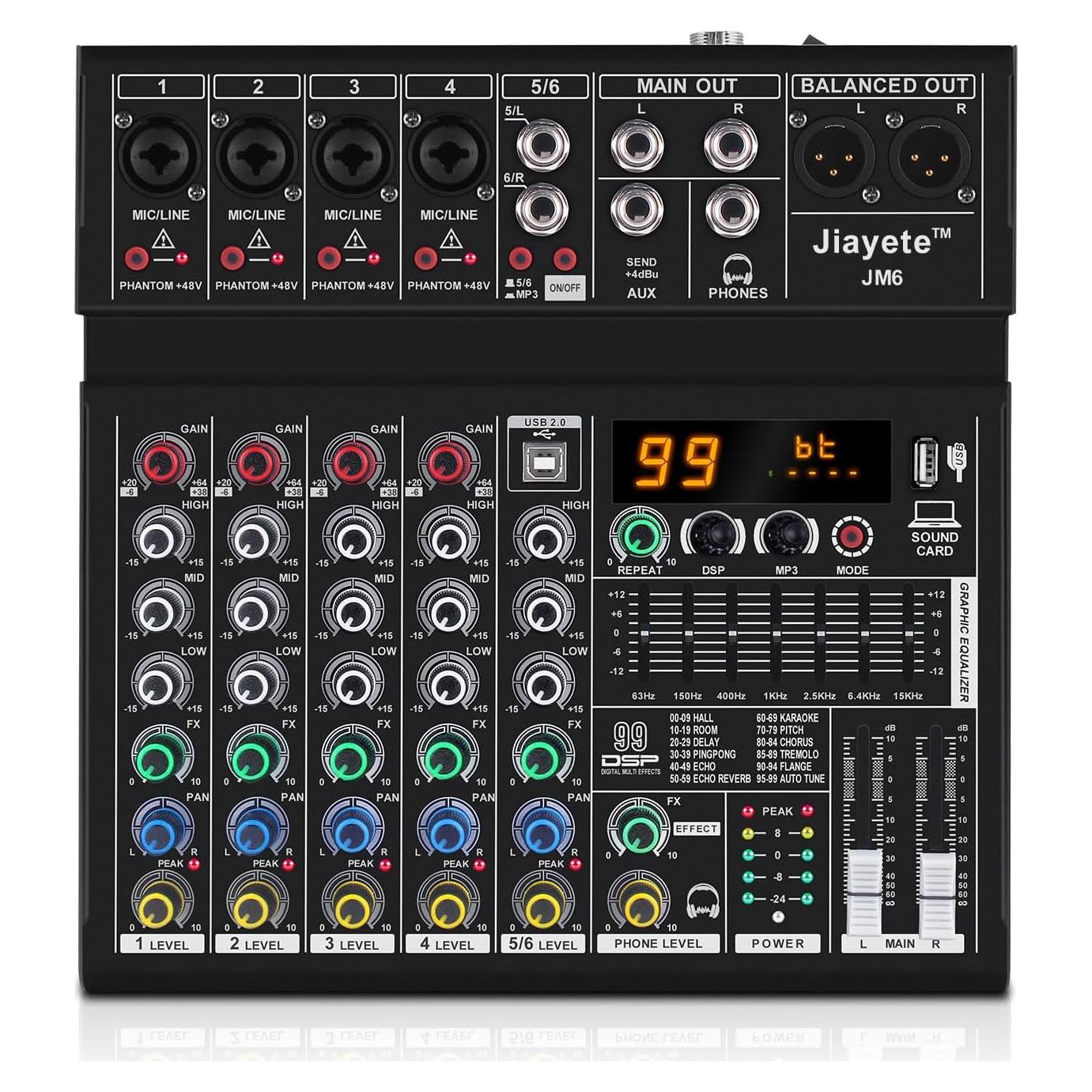 Mezclador de Audio Jiayete JM6 6 Canales Bluetooth 48V