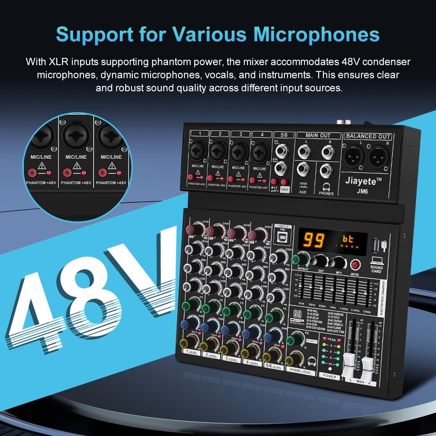 Mezclador de Audio Jiayete JM6 6 Canales Bluetooth 48V