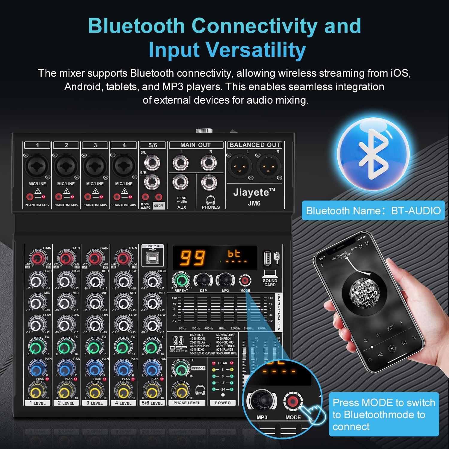 Mezclador de Audio Jiayete JM6 6 Canales Bluetooth 48V