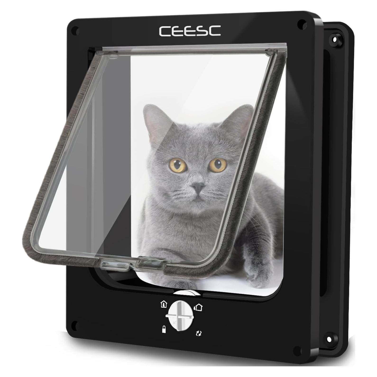 Puerta para Gatos CEESC L Negra Impermeable con Cerradura 4 Vías
