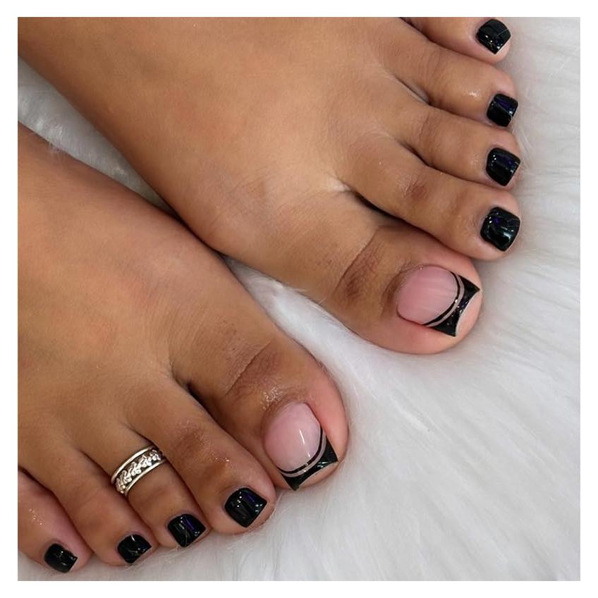 Uñas Postizas Cortas Francesas Negras Genérico 24 Piezas