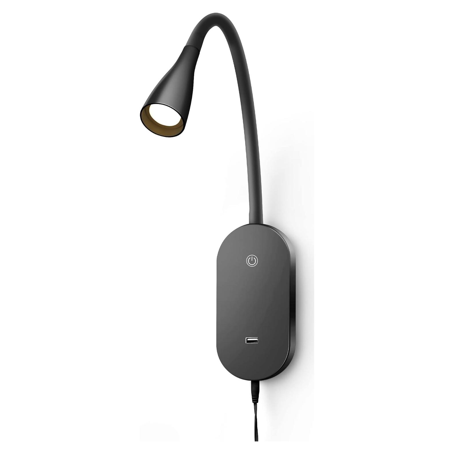 Lámpara de Lectura de Pared TOPMB Negra 4000K con USB y 5 Brillos