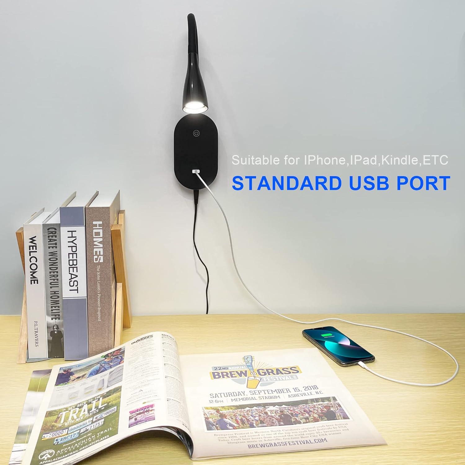 Lámpara de Lectura de Pared TOPMB Negra 4000K con USB y 5 Brillos