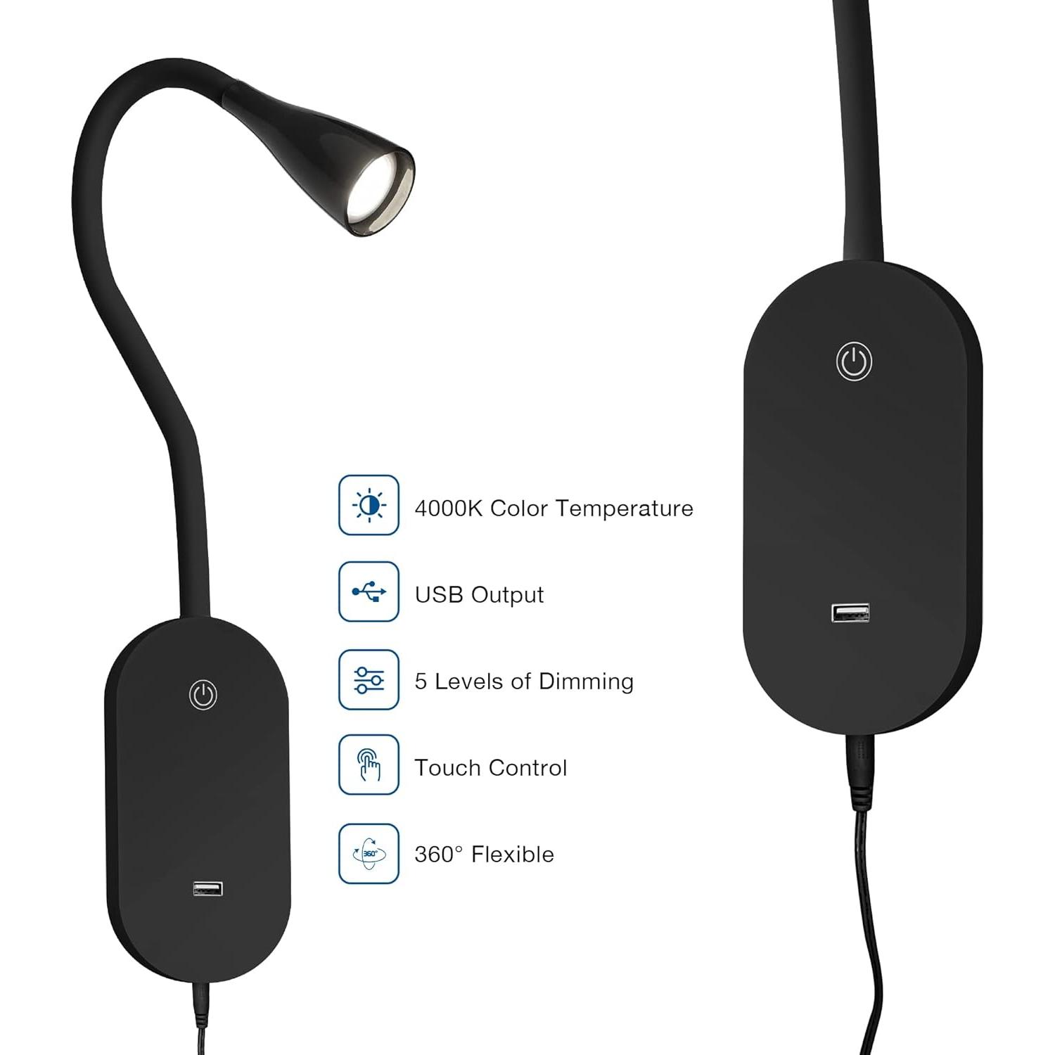 Lámpara de Lectura de Pared TOPMB Negra 4000K con USB y 5 Brillos