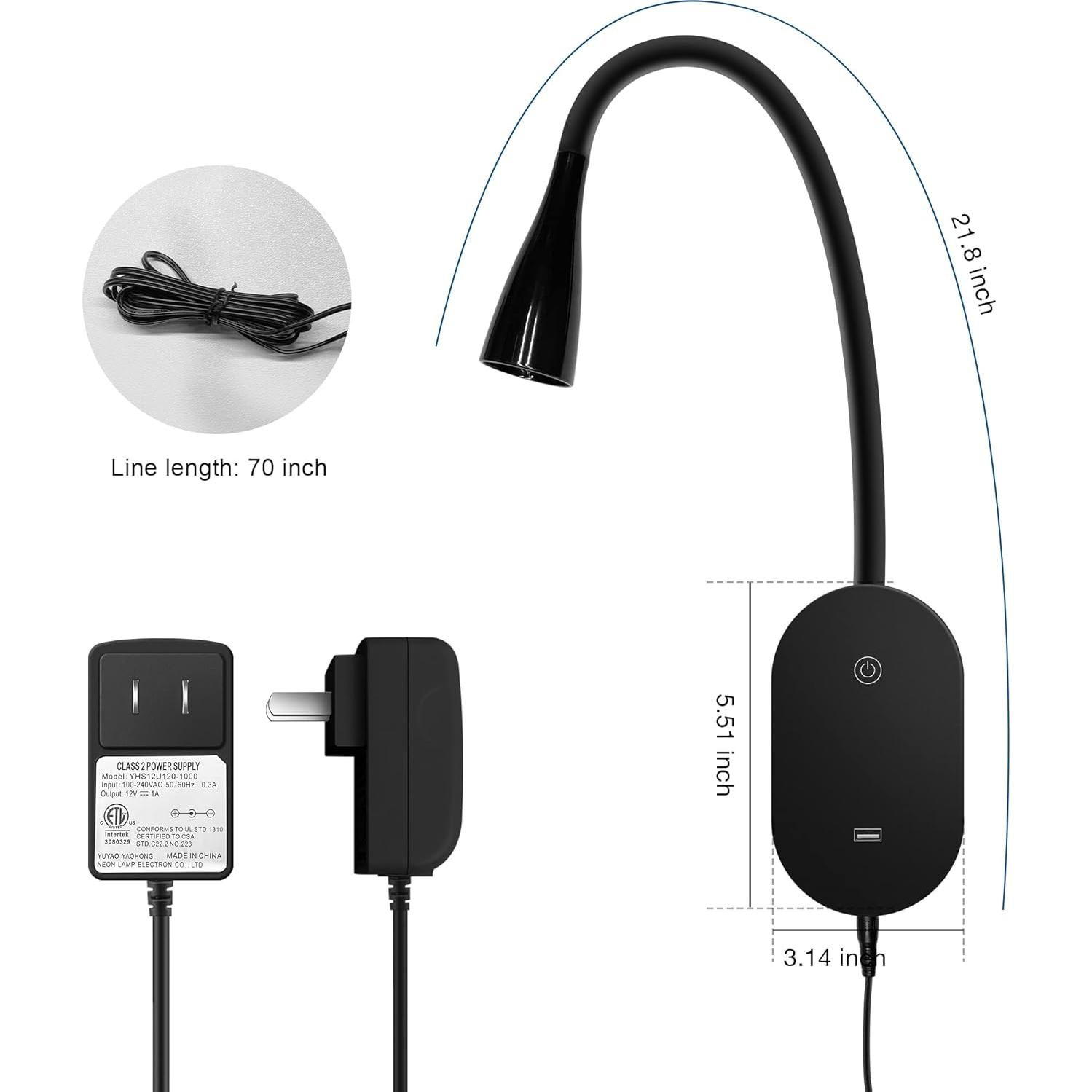 Lámpara de Lectura de Pared TOPMB Negra 4000K con USB y 5 Brillos