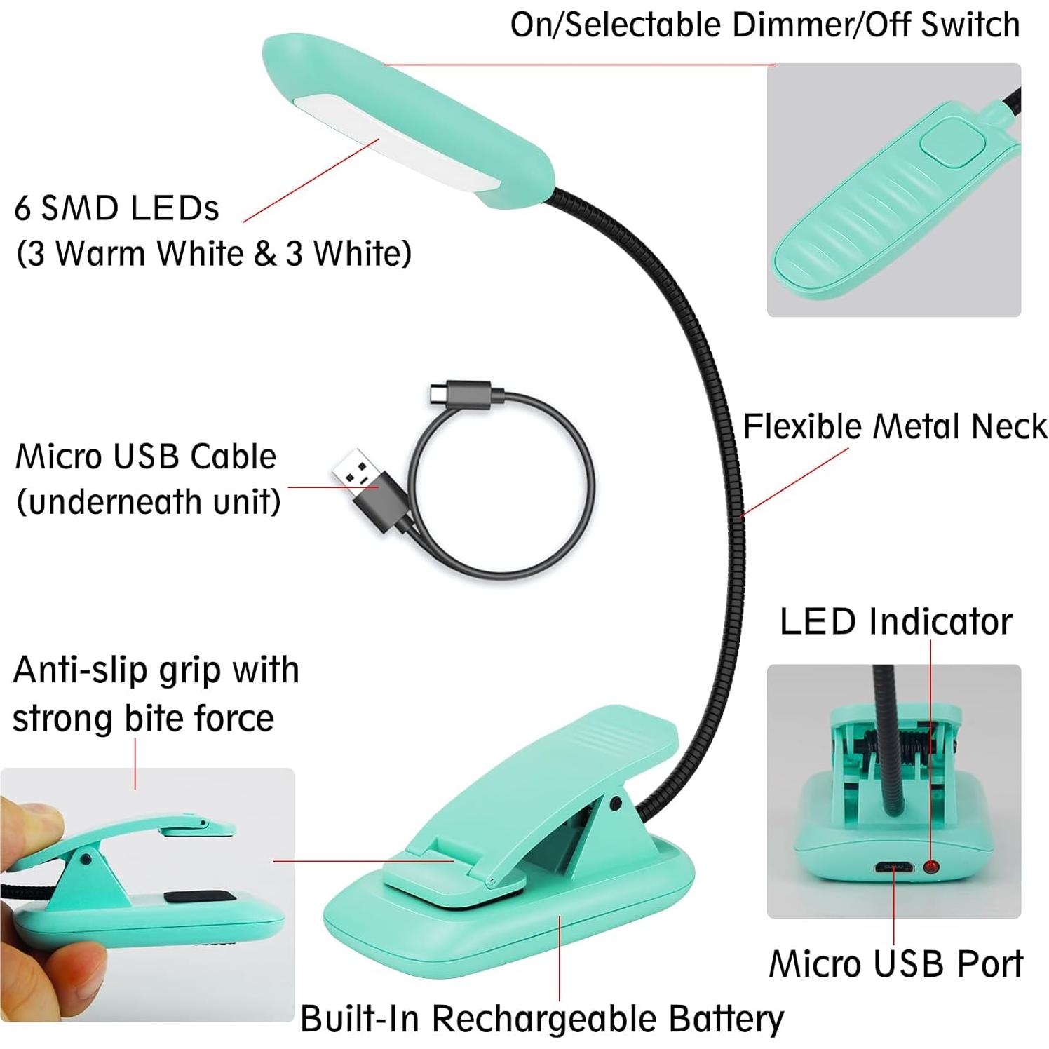 Luz de Libro Recargable BIGMONAT 2 Paquete Azul LED Ajustable