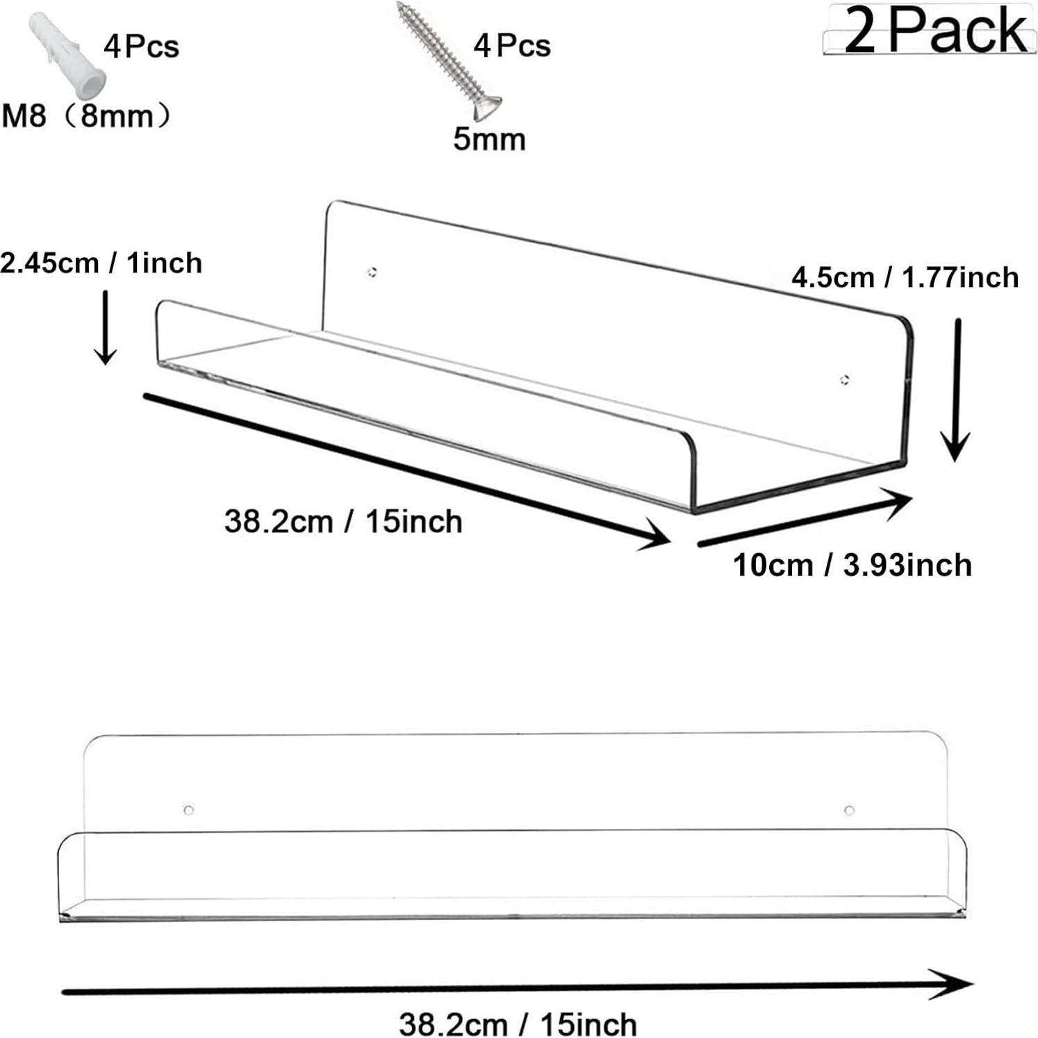 Acrylic Floating Wall Ledge Shelf, Clear Bathroom Storage Shelves Display,Acrylic 15" Invisible Bookshelf (2pack)