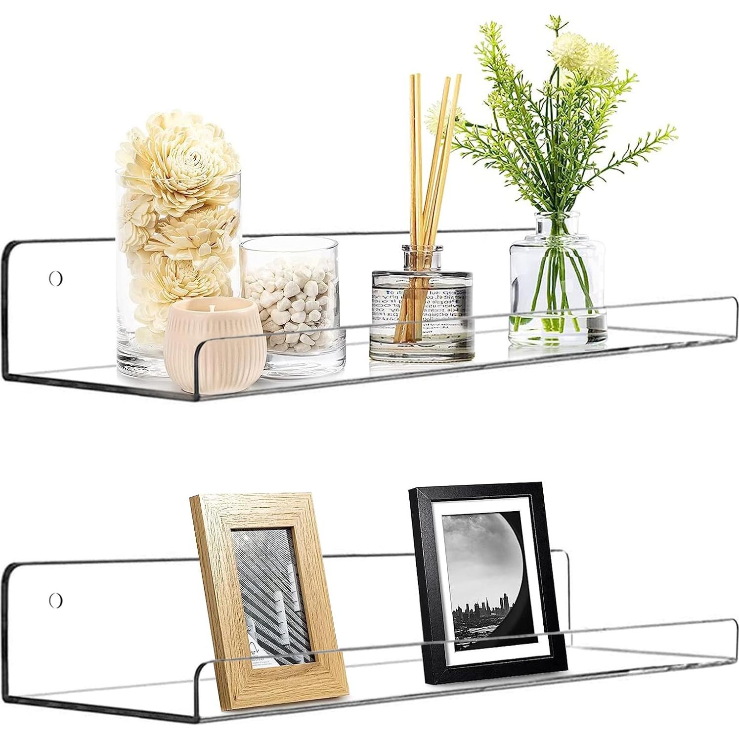 Acrylic Floating Wall Ledge Shelf, Clear Bathroom Storage Shelves Display,Acrylic 15" Invisible Bookshelf (2pack)
