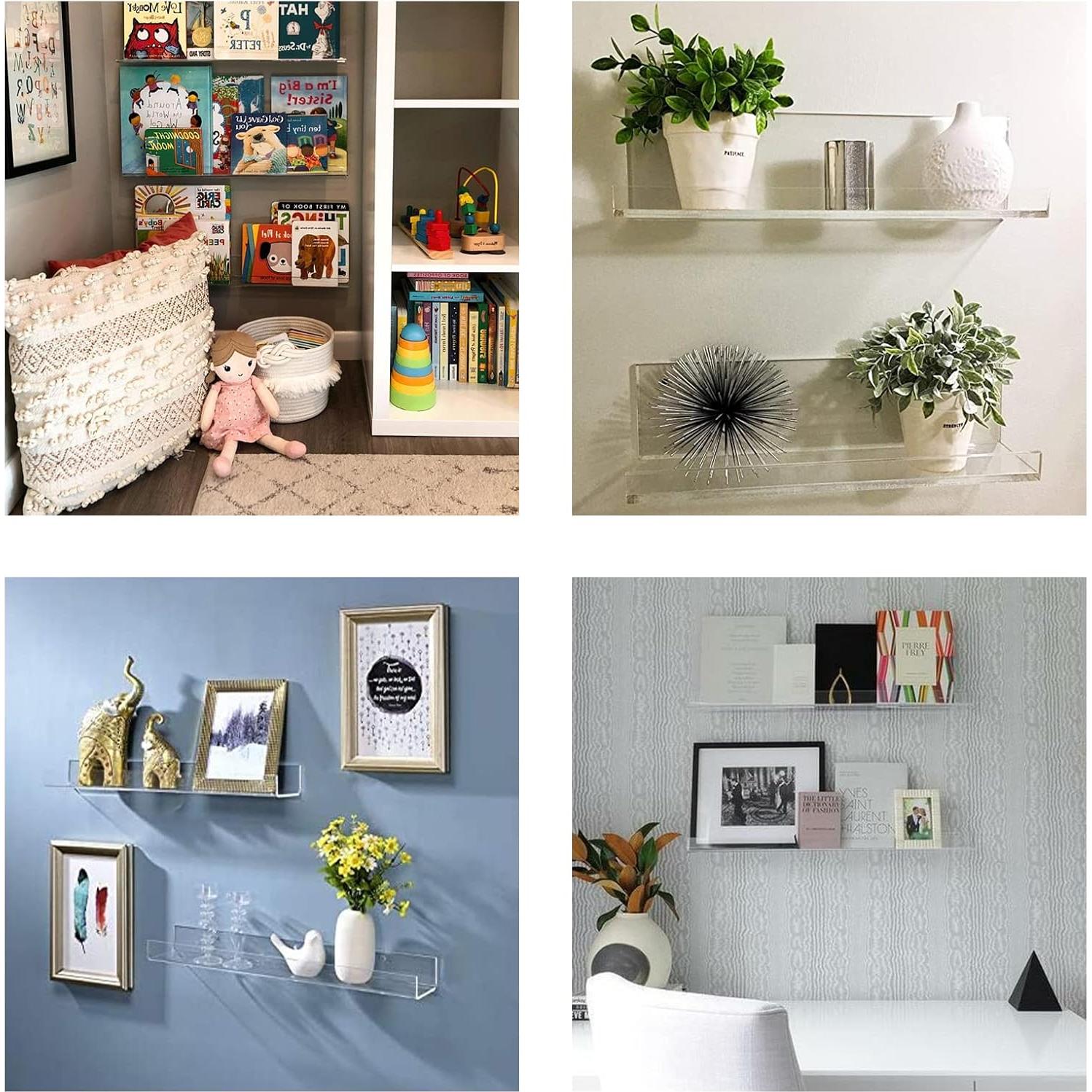 Acrylic Floating Wall Ledge Shelf, Clear Bathroom Storage Shelves Display,Acrylic 15" Invisible Bookshelf (2pack)