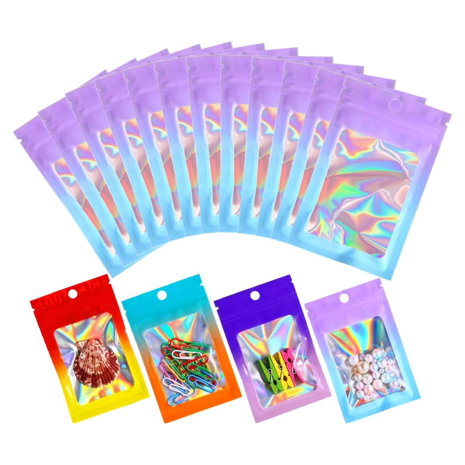 100 Bolsas Holográficas Mylar 6.9x9.9 cm Loveaiai Reutilizables