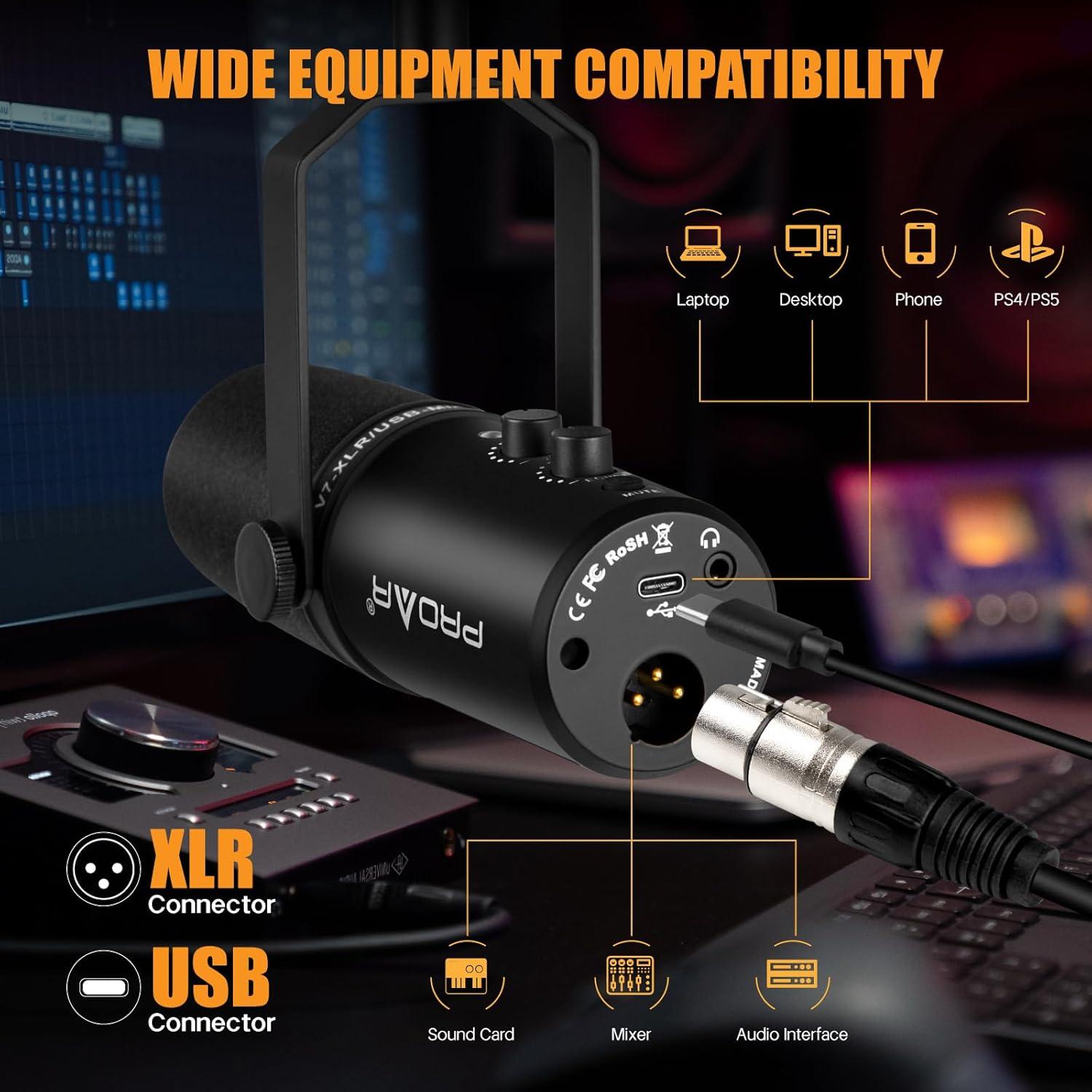 Micrófono Dinámico XLR/USB PROAR V7 con Cancelación de Ruido
