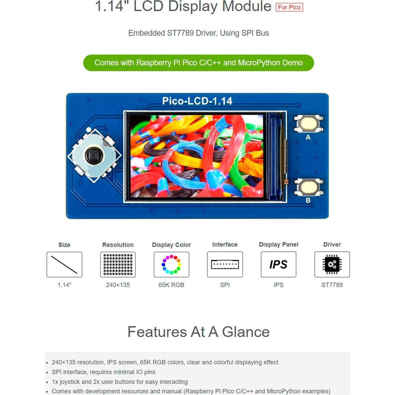 waveshare 1.14inch LCD Display Module for Raspberry Pi Pico, 65K RGB Colors 240×135 Pixels IPS Screen SPI Interface