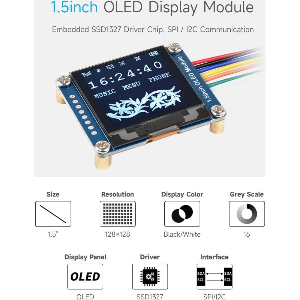 Módulo de Pantalla OLED Waveshare 1.5" 128x128 SPI/I2C