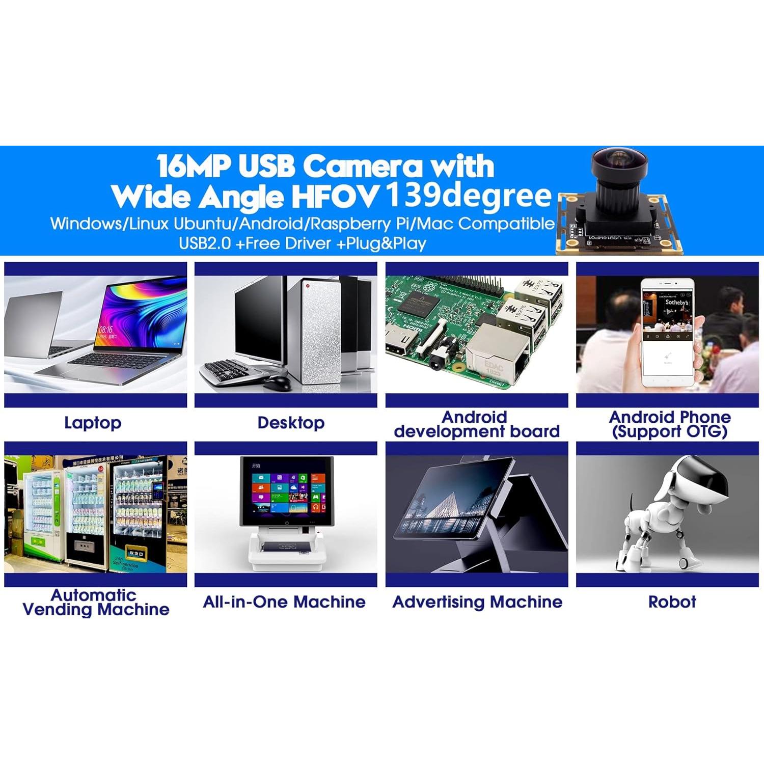 Cámara Fisheye USB 16MP IEights IMX298 170° para PC y Raspberry Pi