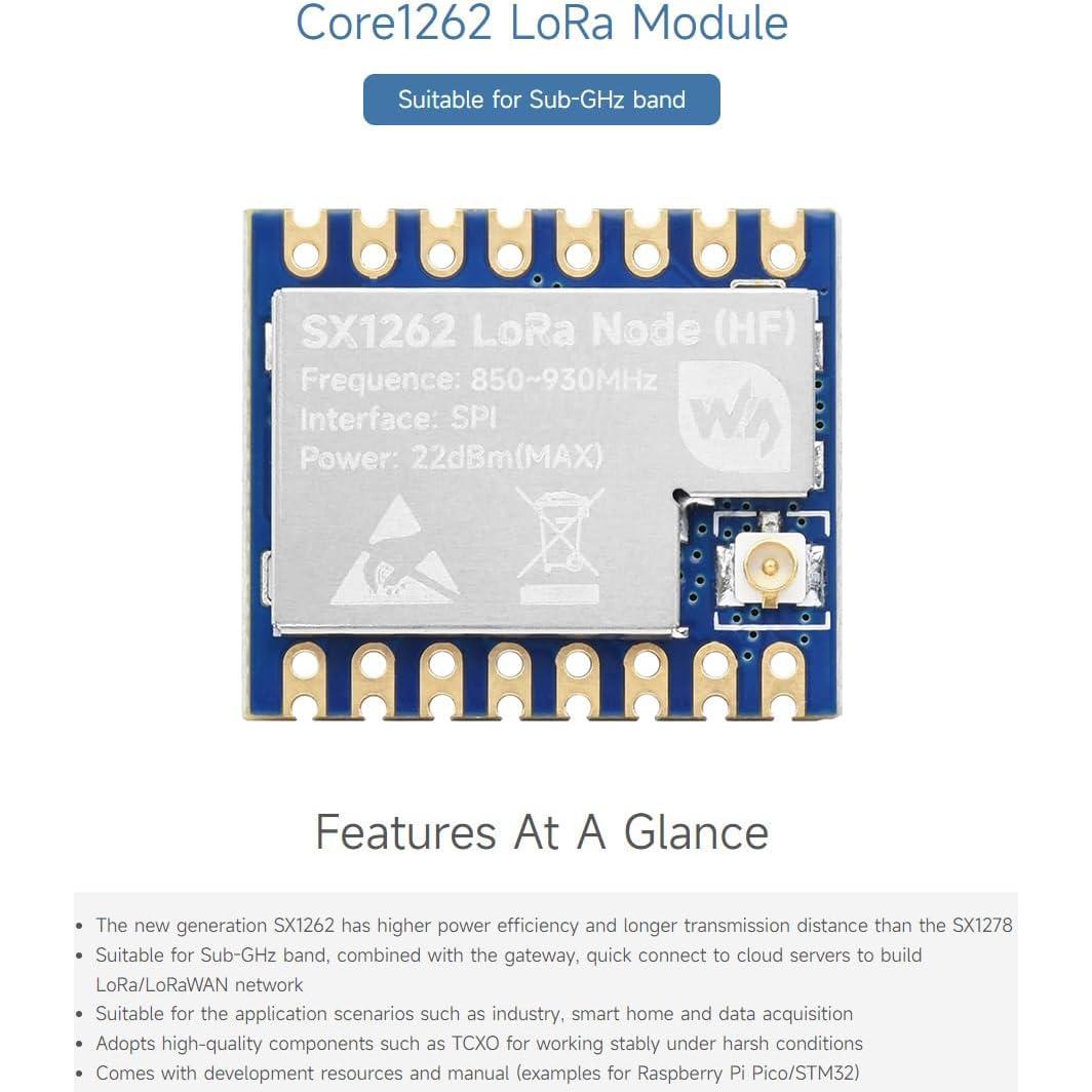 Waveshare Core1262 HF LoRa Module, SX1262 Chip, Meshtastic Devices,Long-Range Communication, Anti-Interference, Suitable for Sub-GHz Band