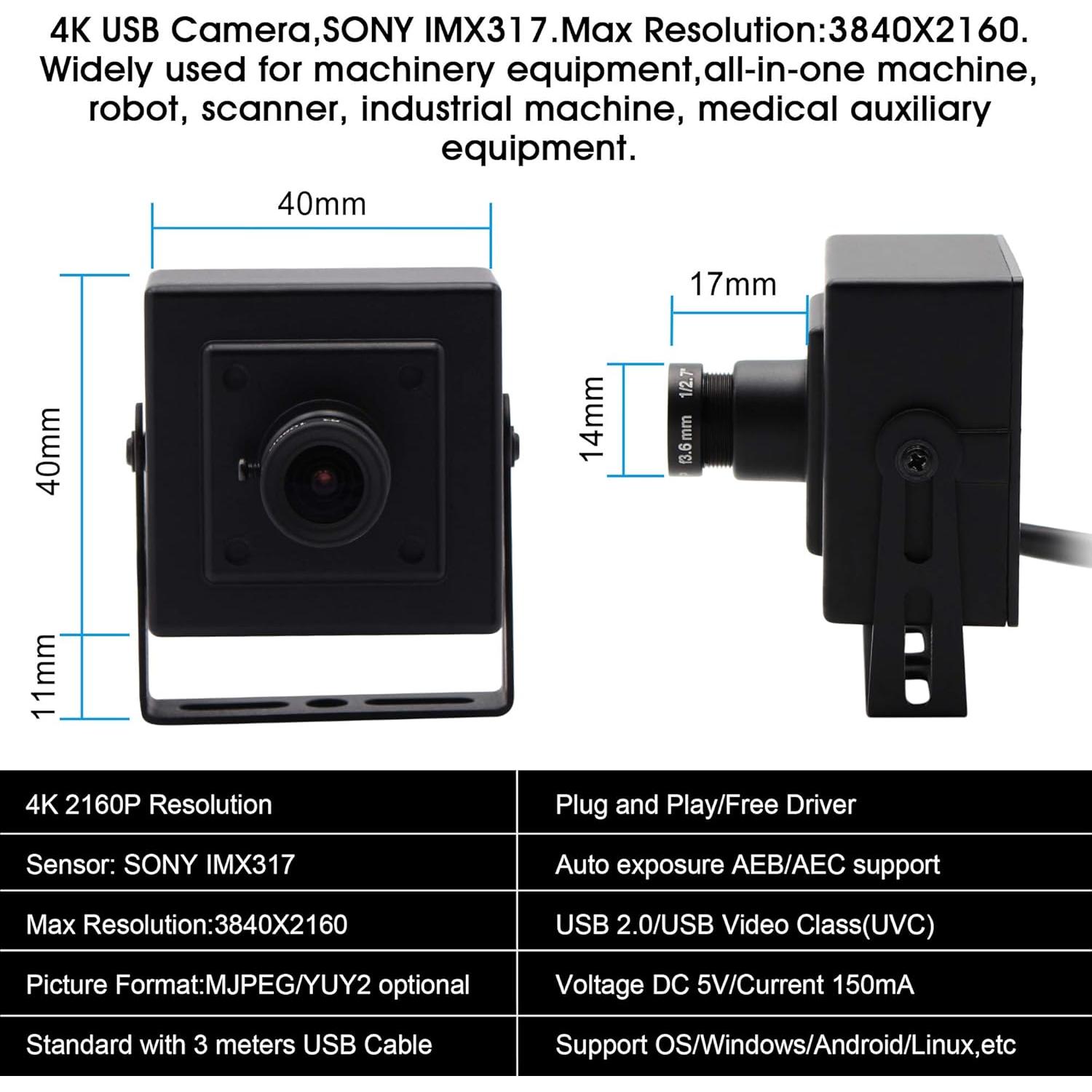 Cámara USB 4K IEights con lente gran angular 3.6mm