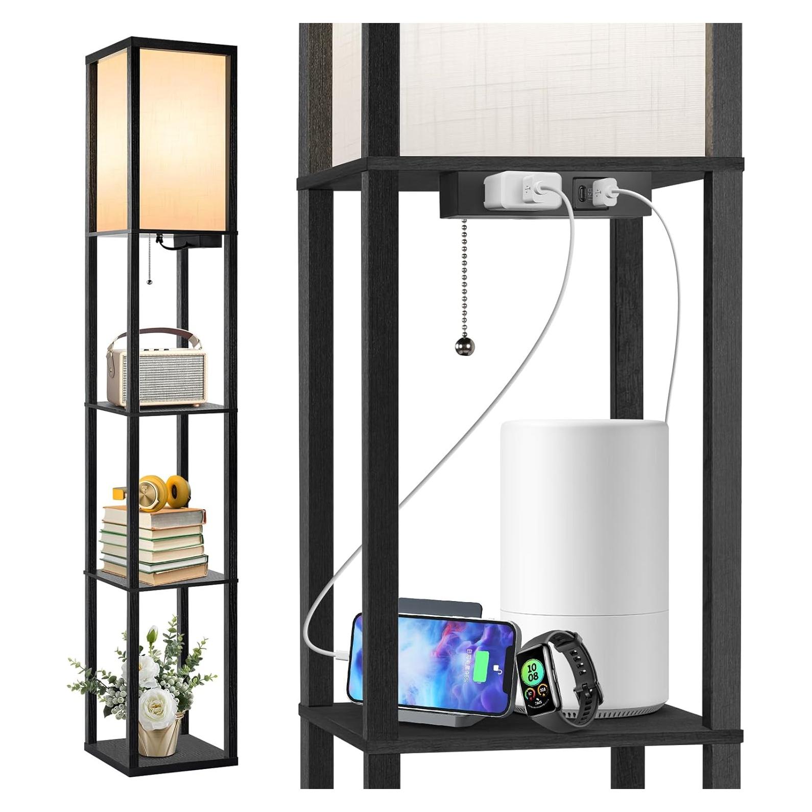 Lámpara de Pie LED OUTON con Estantes y Carga USB, Negra