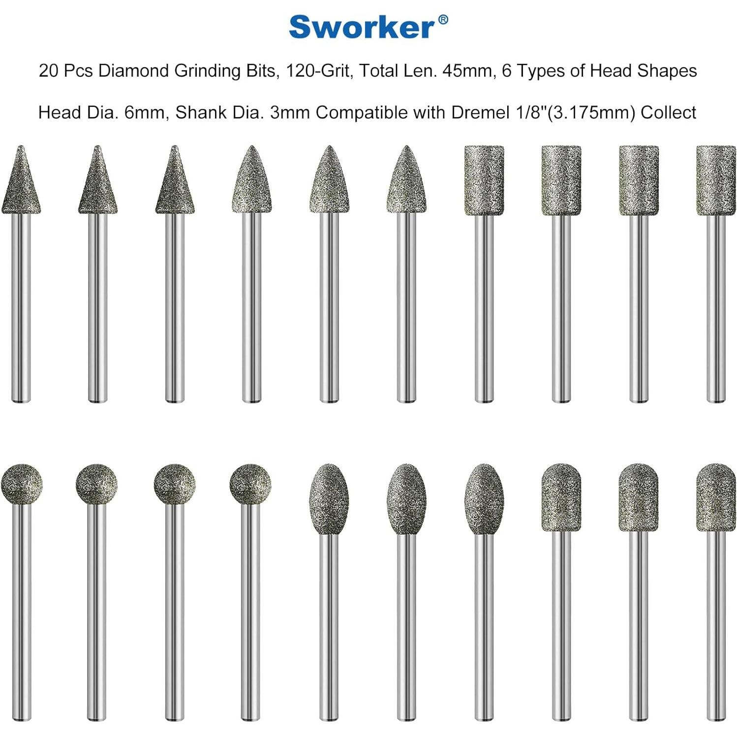 20 Puntas de Amoladora Diamante 120-grano Sworker 3mm